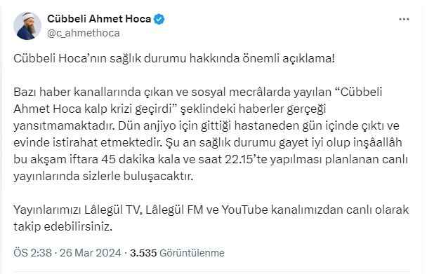 Son Dakika Ahmet Mahmut Ünlü Cübbeli Hoca Kalp Krizi Geçirmedi Sadece Anjiyo Oldu!