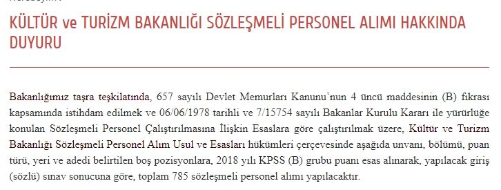 KÜLTÜR ve TURİZM BAKANLIĞI SÖZLEŞMELİ PERSONEL ALIMI HAKKINDA DUYURU